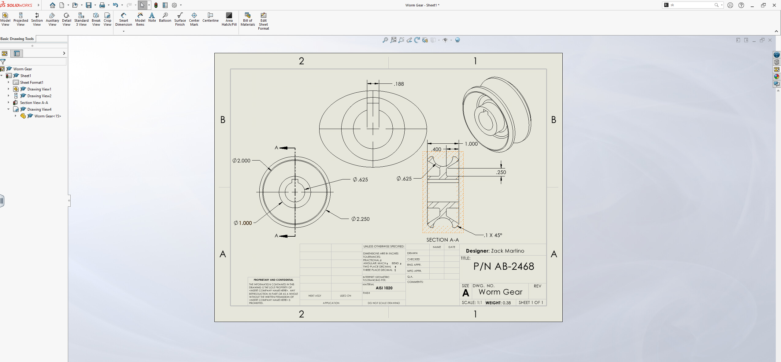 Worm gear technical drawing — AISI 1020, front and section views